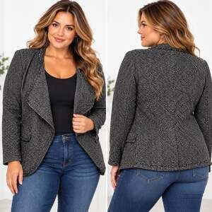 Depri Gray Black Tweed Blazer Jacket Open Front Draped Collar Long Sleeve Large